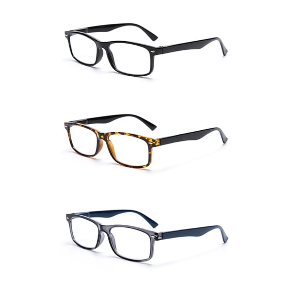 EYE ZOOM 3 Pack Rectangular Vintage Plastic Frame Reading Glasses for Men and Women, Black, Tortoise and Gray, +3.00