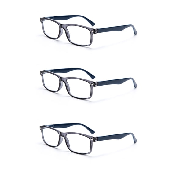 EYE ZOOM 3 Pack Rectangular Vintage Plastic Frame Reading Glasses for Men and Women, Gray, +2.50