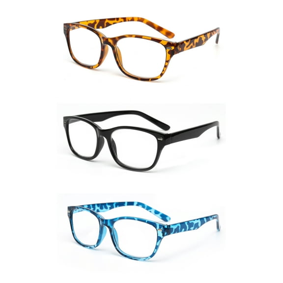 EYE ZOOM 3 Pack Retro Readers Plastic Vintage Style Reading Glasses for Men and Women, Amber, Black and Blue +1.00