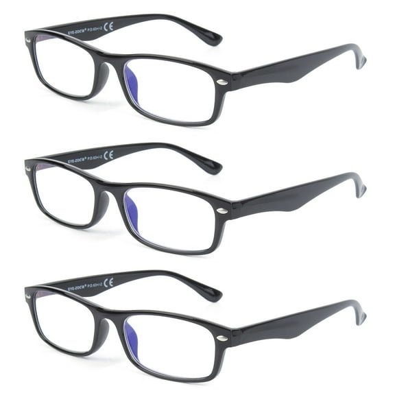 EYE ZOOM 3 Pack Retro Rectangular Plastic Frame Blue Light Blocking and Anti UV Reading Glasses, Black, +2.00