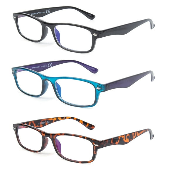 EYE ZOOM 3 Pack Retro Rectangular Plastic Frame Blue Light Blocking and Anti UV Reading Glasses, Multi color, +1.50