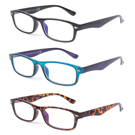EYE ZOOM 3 Pack Retro Rectangular Plastic Frame Blue Light Blocking and Anti UV Reading Glasses, Multi color, +1.75