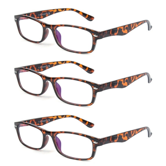 EYE ZOOM 3 Pack Retro Rectangular Plastic Frame Blue Light Blocking and Anti UV Reading Glasses, Tortoise, +2.00
