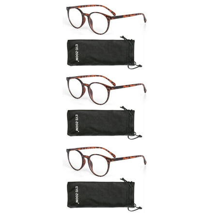 EYE ZOOM 3 Pack Retro Round Plastic Frame Reading Glasses for Men and Women, Brown Tortoise, +1.00