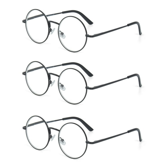 EYE ZOOM 3 Pack Round Metal Frame Blue Light Blocking Reading Glasses (Black , +1.75)