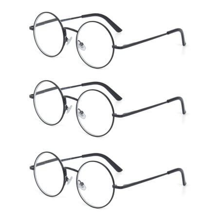 EYE ZOOM 3 Pack Round Metal Frame Blue Light Blocking Reading Glasses (Black , +3.50)