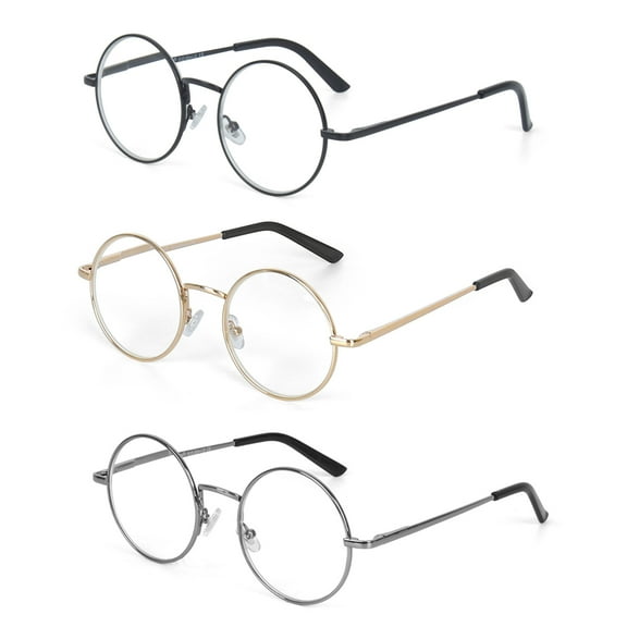 EYE ZOOM 3 Pack Round Metal Frame Blue Light Blocking Reading Glasses (Black, Gold and Gunmetal , +2.00)