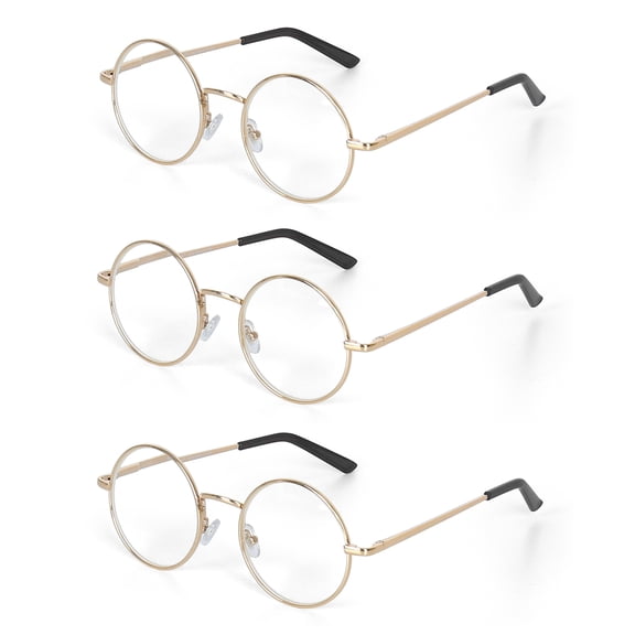 EYE ZOOM 3 Pack Round Metal Frame Blue Light Blocking Reading Glasses (Gold, +1.50)
