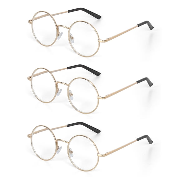 EYE ZOOM 3 Pack Round Metal Frame Blue Light Blocking Reading Glasses (Gold, +3.50)