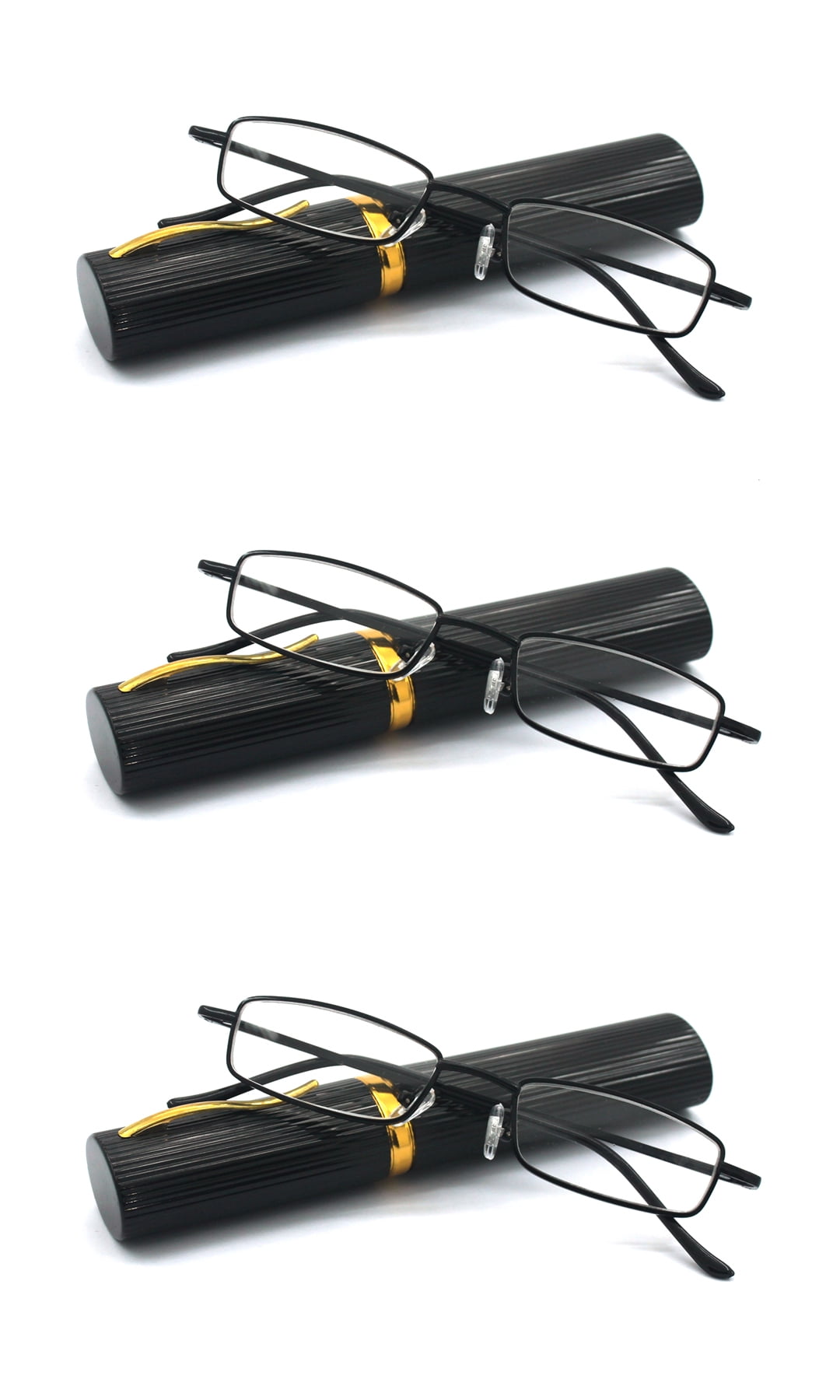 EYE ZOOM 3 Pack Ultra Slim Compact Tube Reading Glasses with Lightweight Portable Clip Case, Black +1.00
