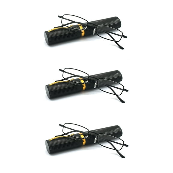 EYE ZOOM 3 Pack Ultra Slim Compact Tube Reading Glasses with Lightweight Portable Clip Case, Black +1.25
