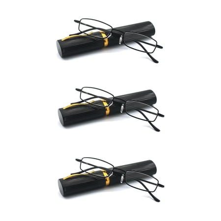 EYE ZOOM 3 Pack Ultra Slim Compact Tube Reading Glasses with Lightweight Portable Clip Case, Black +2.00