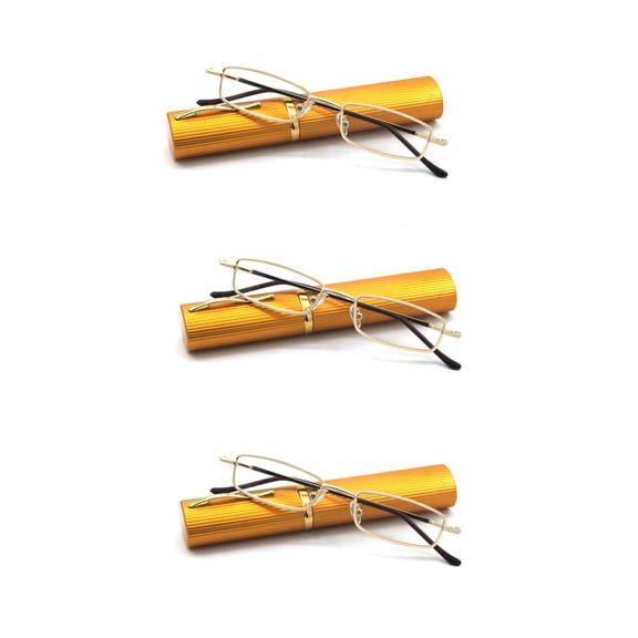 EYE ZOOM 3 Pack Ultra Slim Compact Tube Reading Glasses with Lightweight Portable Clip Case, Gold +1.25