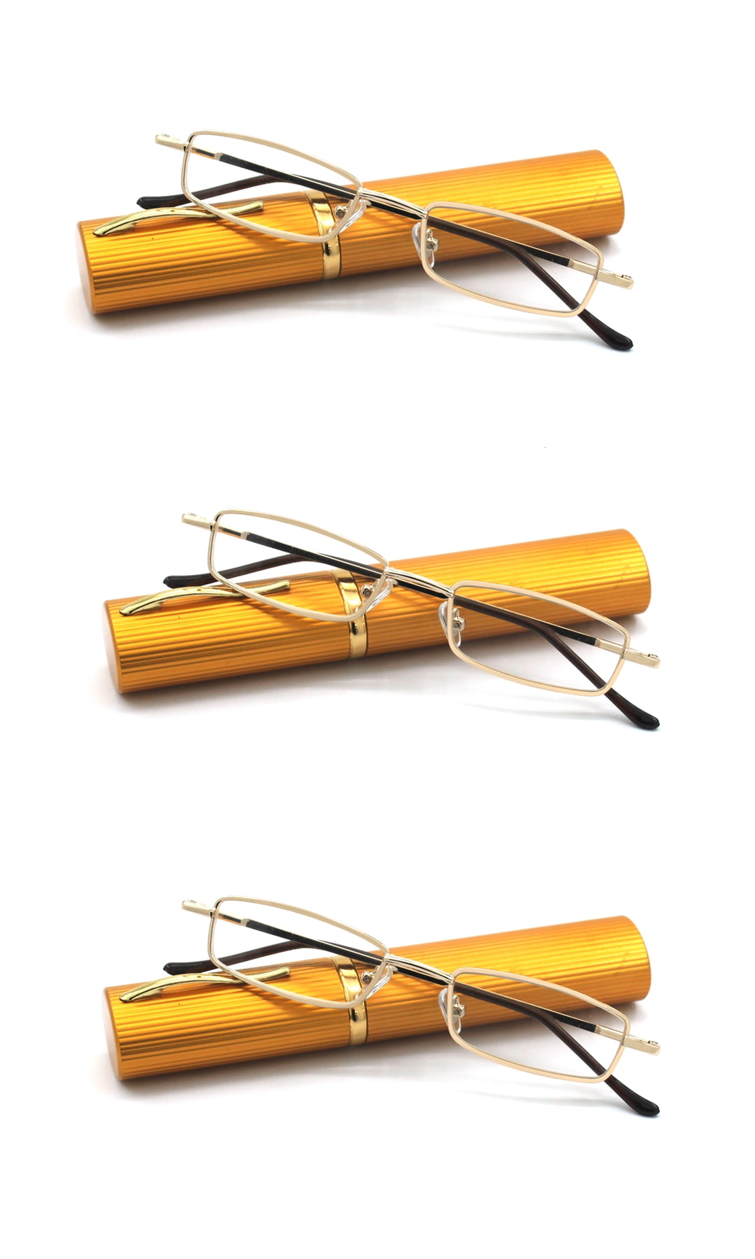 EYE ZOOM 3 Pack Ultra Slim Compact Tube Reading Glasses with Lightweight Portable Clip Case, Gold +2.25