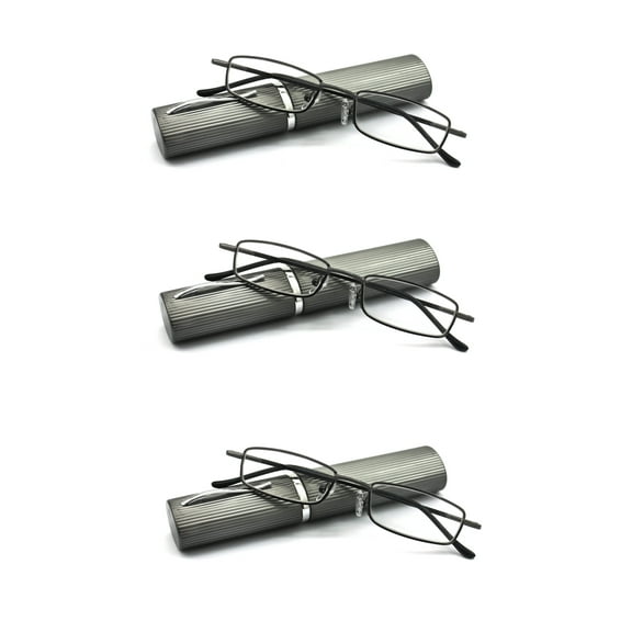 EYE ZOOM 3 Pack Ultra Slim Compact Tube Reading Glasses with Lightweight Portable Clip Case, Gunmetal +2.00