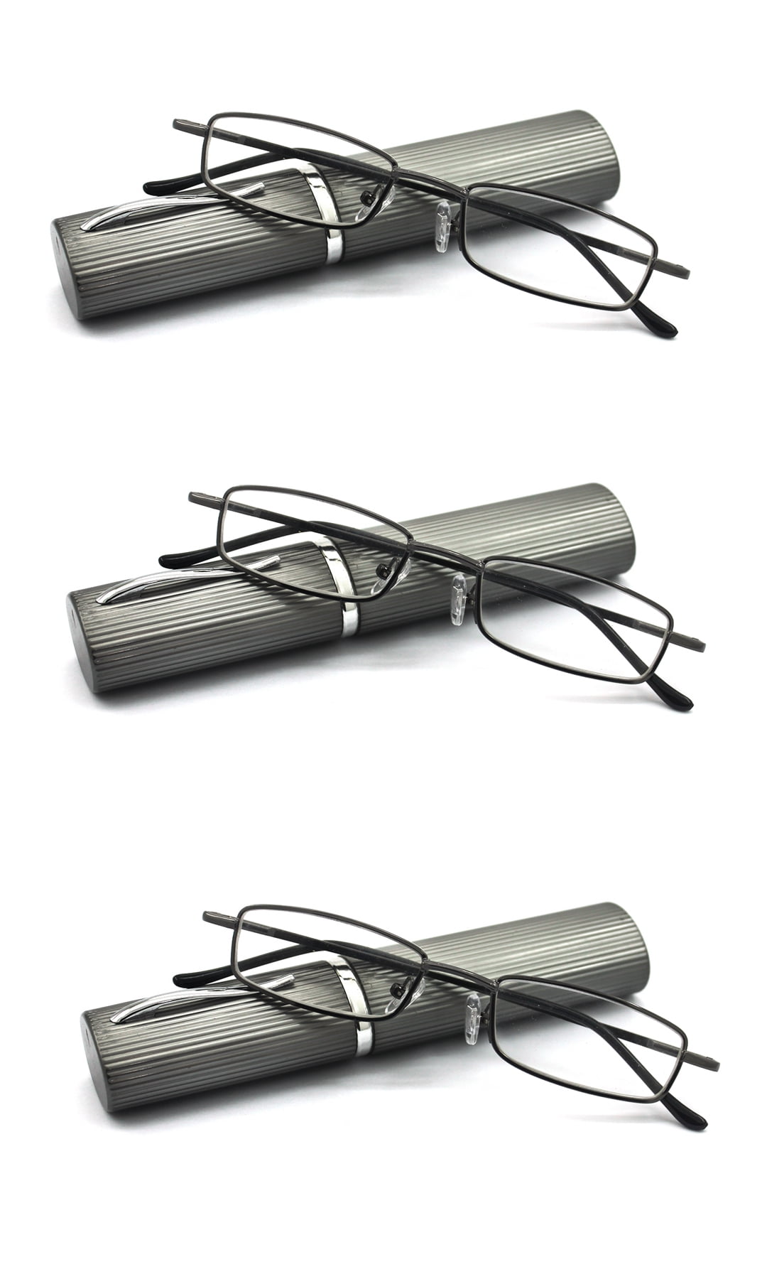 EYE ZOOM 3 Pack Ultra Slim Compact Tube Reading Glasses with Lightweight Portable Clip Case, Gunmetal +2.25