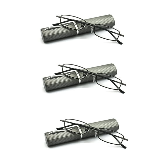 EYE ZOOM 3 Pack Ultra Slim Compact Tube Reading Glasses with Lightweight Portable Clip Case, Gunmetal +2.25