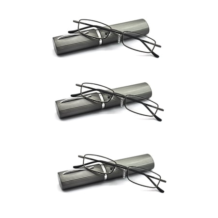 EYE ZOOM 3 Pack Ultra Slim Compact Tube Reading Glasses with Lightweight Portable Clip Case, Gunmetal +3.50