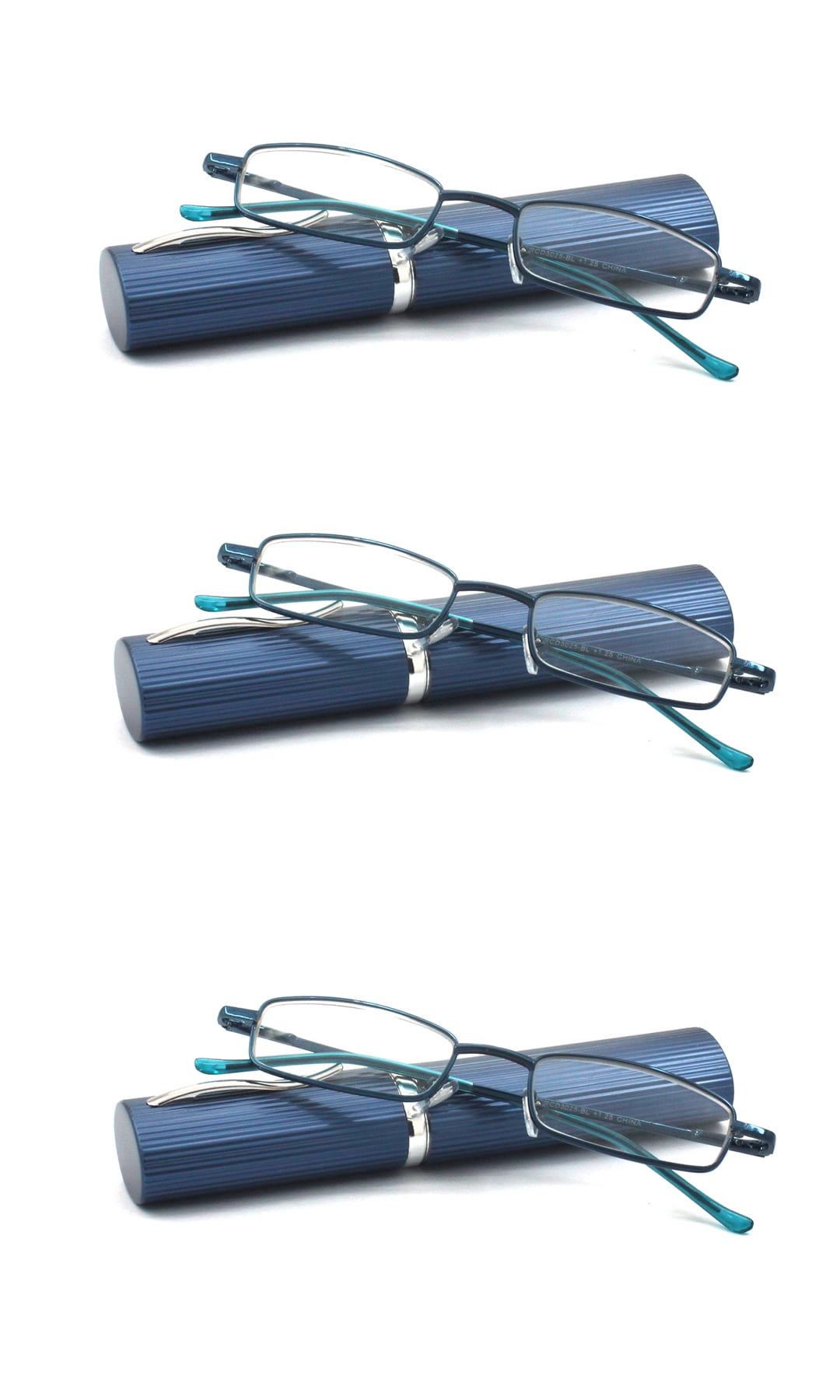 EYE ZOOM 3 Pack Ultra Slim Compact Tube Reading Glasses with Lightweight Portable Clip Case, Navy Blue +1.25