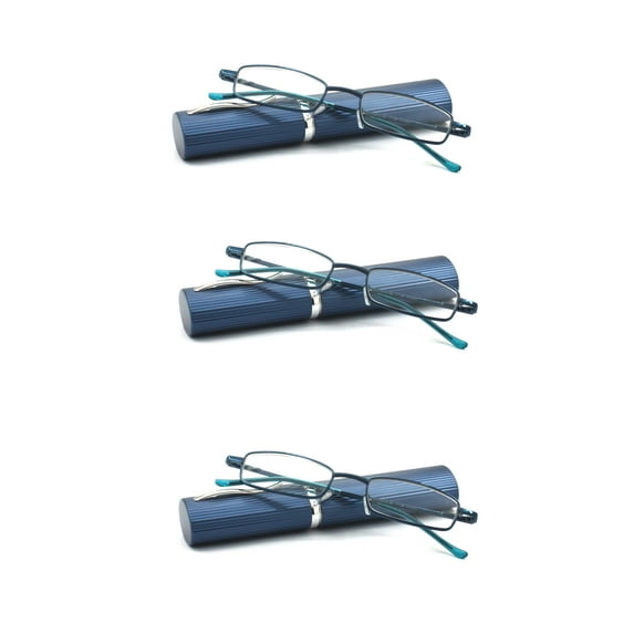 EYE ZOOM 3 Pack Ultra Slim Compact Tube Reading Glasses with Lightweight Portable Clip Case, Navy Blue +1.75