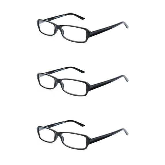 EYE ZOOM 3 Pack Unisex Rectangluar Plastic Frame Reading Glasses for Men and Women, Black +1.75