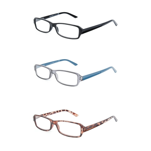 EYE ZOOM 3 Pack Unisex Rectangluar Plastic Frame Reading Glasses for Men and Women, Black, Gray and Tortoise +1.50