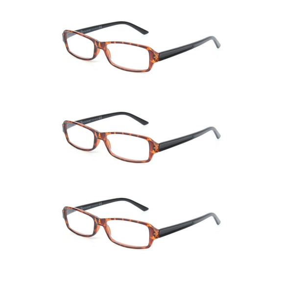 EYE ZOOM 3 Pack Unisex Rectangluar Plastic Frame Reading Glasses for Men and Women, Tortoise Brown +1.50
