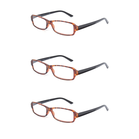 EYE ZOOM 3 Pack Unisex Rectangluar Plastic Frame Reading Glasses for Men and Women, Tortoise Brown +3.00
