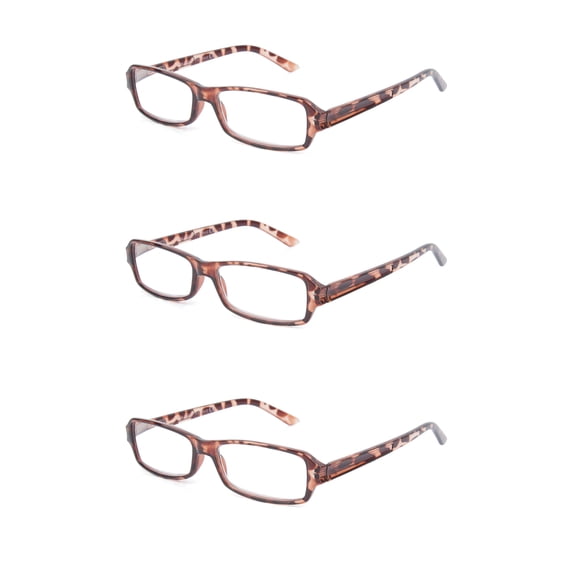 EYE ZOOM 3 Pack Unisex Rectangluar Plastic Frame Reading Glasses for Men and Women, Tortoise Light Brown +1.25