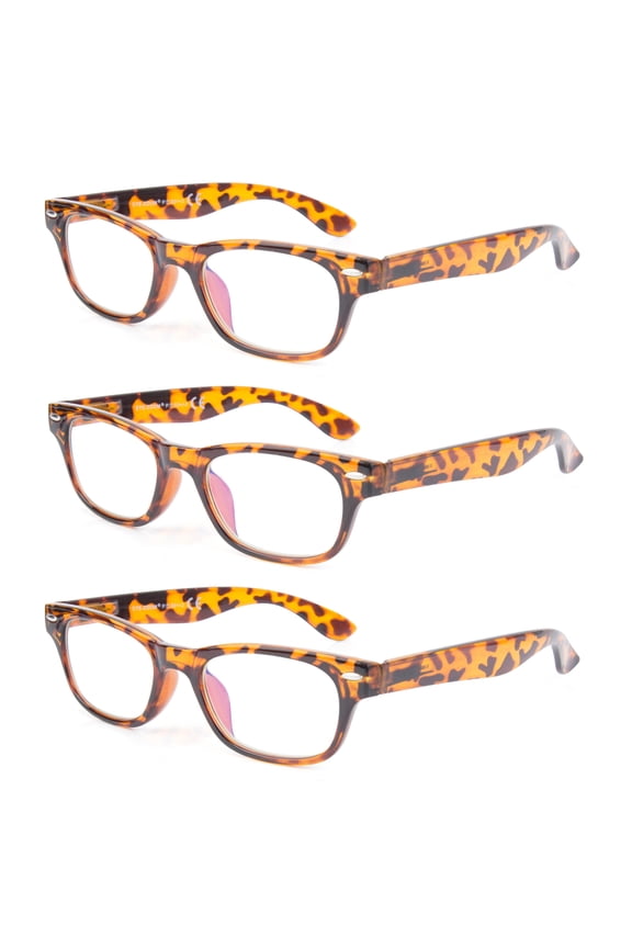 3 Pack Unisex Vintage Plastic Blue Light Blocking Reading Glasses, Amber, +1.50