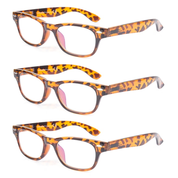 EYE ZOOM 3 Pack Unisex Vintage Plastic Blue Light Blocking Reading Glasses, Amber, +1.75