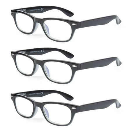 EYE ZOOM 3 Pack Unisex Vintage Plastic Blue Light Blocking Reading Glasses, Black, +1.25