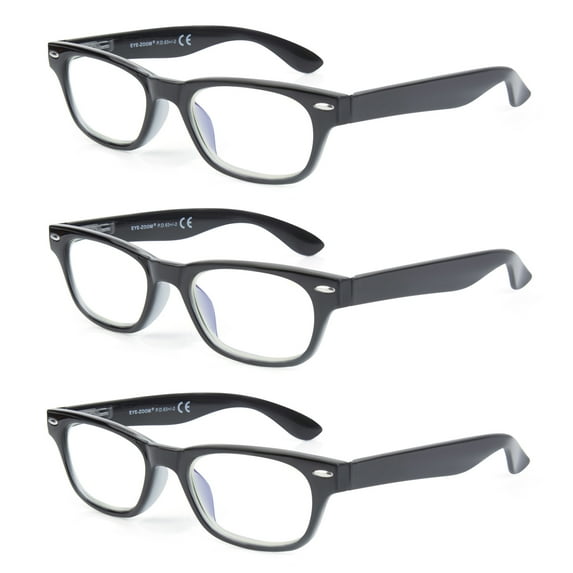 EYE ZOOM 3 Pack Unisex Vintage Plastic Blue Light Blocking Reading Glasses, Black, +2.50