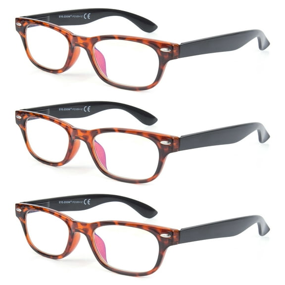 EYE ZOOM 3 Pack Unisex Vintage Plastic Blue Light Blocking Reading Glasses, Tortoise Brown, +1.25