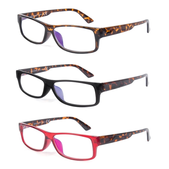 EYE ZOOM 3 Pack Women Rectangular Plastic Frame Blue Light Blocking Reading Glasses, Multi-color, +1.75