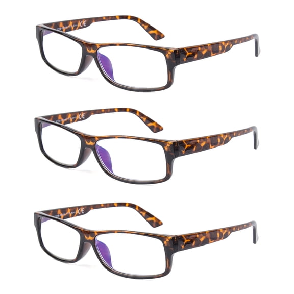 EYE ZOOM 3 Pack Women Rectangular Plastic Frame Blue Light Blocking Reading Glasses, Tortoise Brown, +2.00