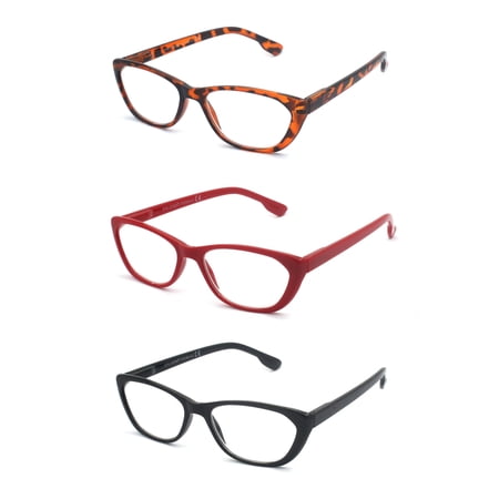 EYE ZOOM 3 Pairs Ladies Readers Cat Eye Style reading Glasses with Spring Hinge for Women, Black, Brown Tortoise and Red, +3.50 Strength