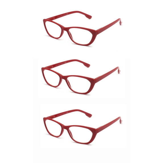EYE ZOOM 3 Pairs Ladies Readers Cat Eye Style reading Glasses with Spring Hinge for Women, Red, +1.50 Strength