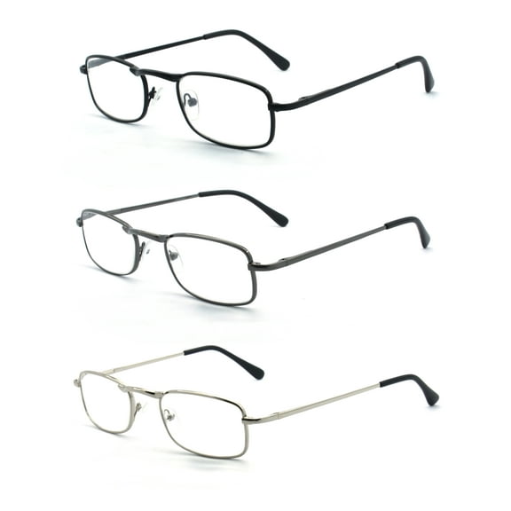 EYE ZOOM 3 Pairs Unisex Metal Frame Vintage Design Reading Glasses with Spring Hinge for Men and Women (Black, Gunmetal and Silver, Strength: +2.50)