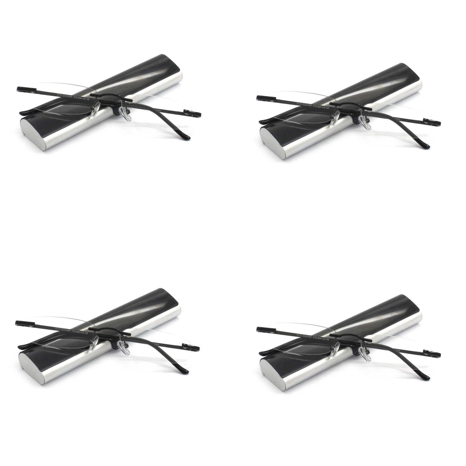 EYE ZOOM 4 Pack Compact Metal Rimless Reading Glasses with Light Slim Hard Case for Men Women (Black,+1.50)