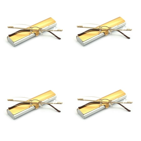 EYE ZOOM 4 Pack Compact Metal Rimless Reading Glasses with Light Slim Hard Case for Men Women (Gold,+2.25)
