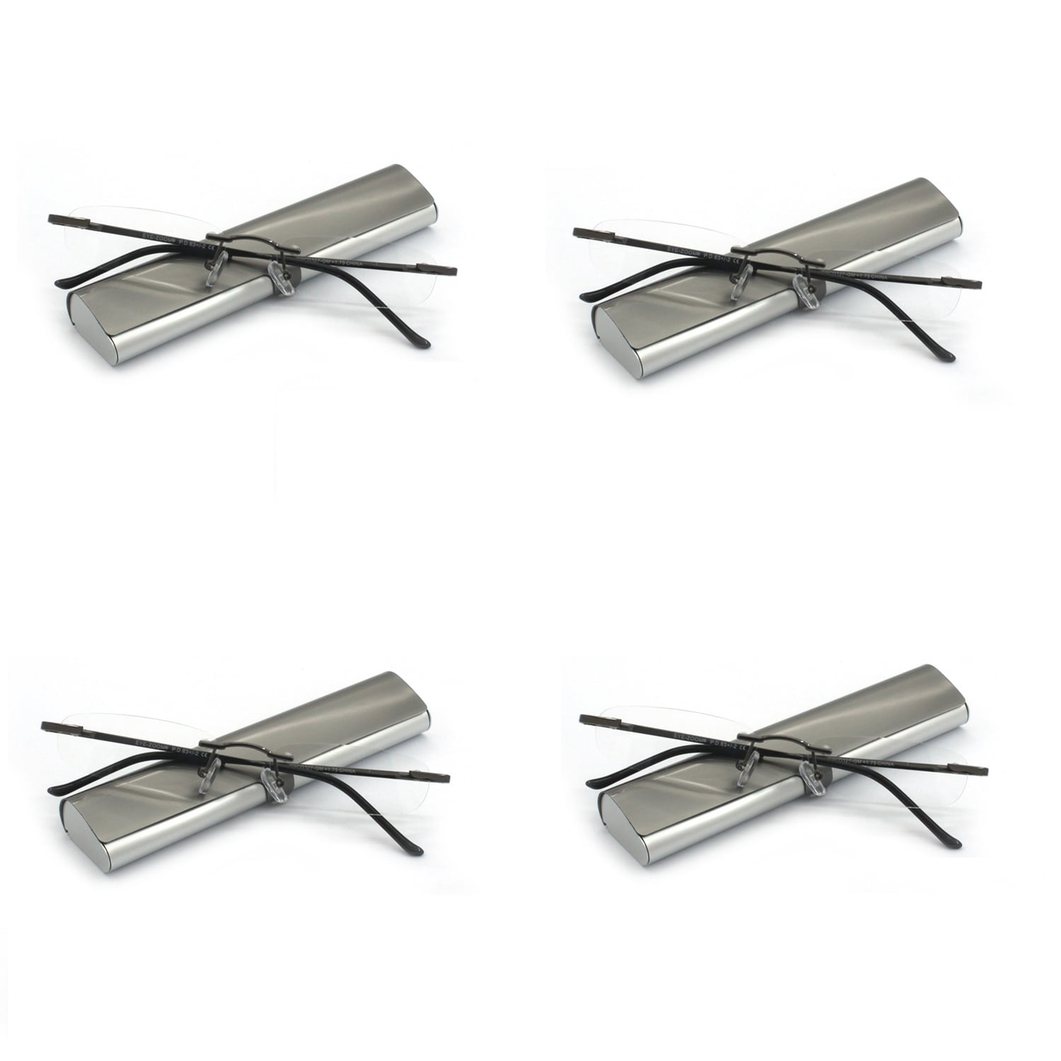 EYE ZOOM 4 Pack Compact Metal Rimless Reading Glasses with Light Slim Hard Case for Men Women (Gunmetal,+2.50)