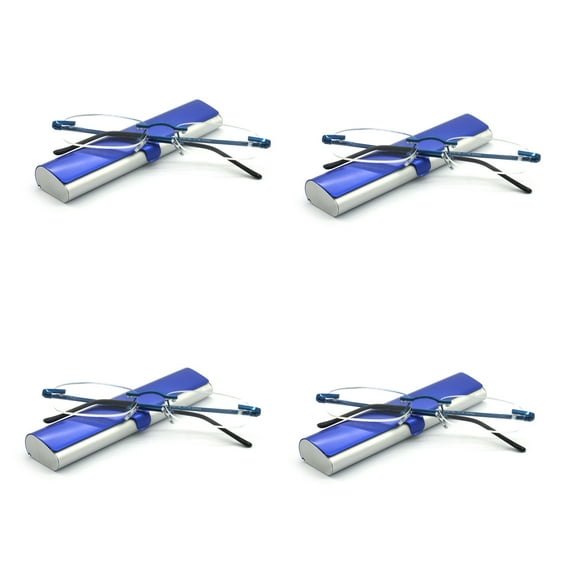 EYE ZOOM 4 Pack Compact Metal Rimless Reading Glasses with Light Slim Hard Case for Men Women (Navy Blue,+1.00)