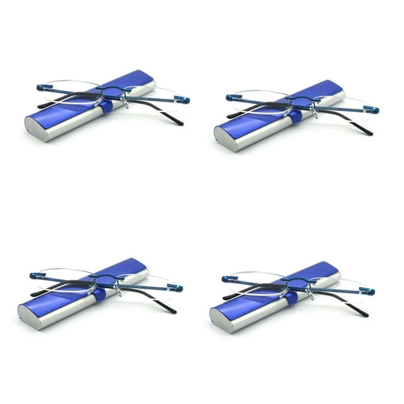 EYE ZOOM 4 Pack Compact Metal Rimless Reading Glasses with Light Slim Hard Case for Men Women (Navy Blue,+1.75)