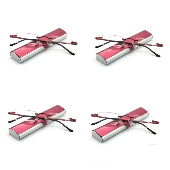 EYE ZOOM 4 Pack Compact Metal Rimless Reading Glasses with Light Slim Hard Case for Men Women (Wine Red,+3.50)