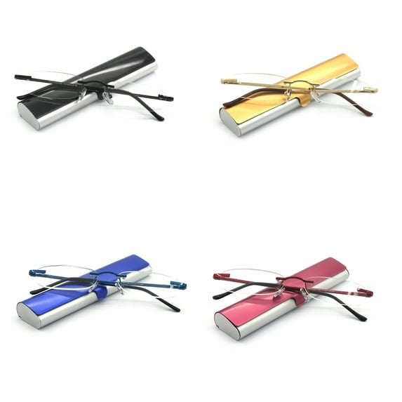 EYE ZOOM 4 Pack Compact Metal Rimless Reading Glasses with Light Slim Hard Case for Women (Multi-color,+1.25)