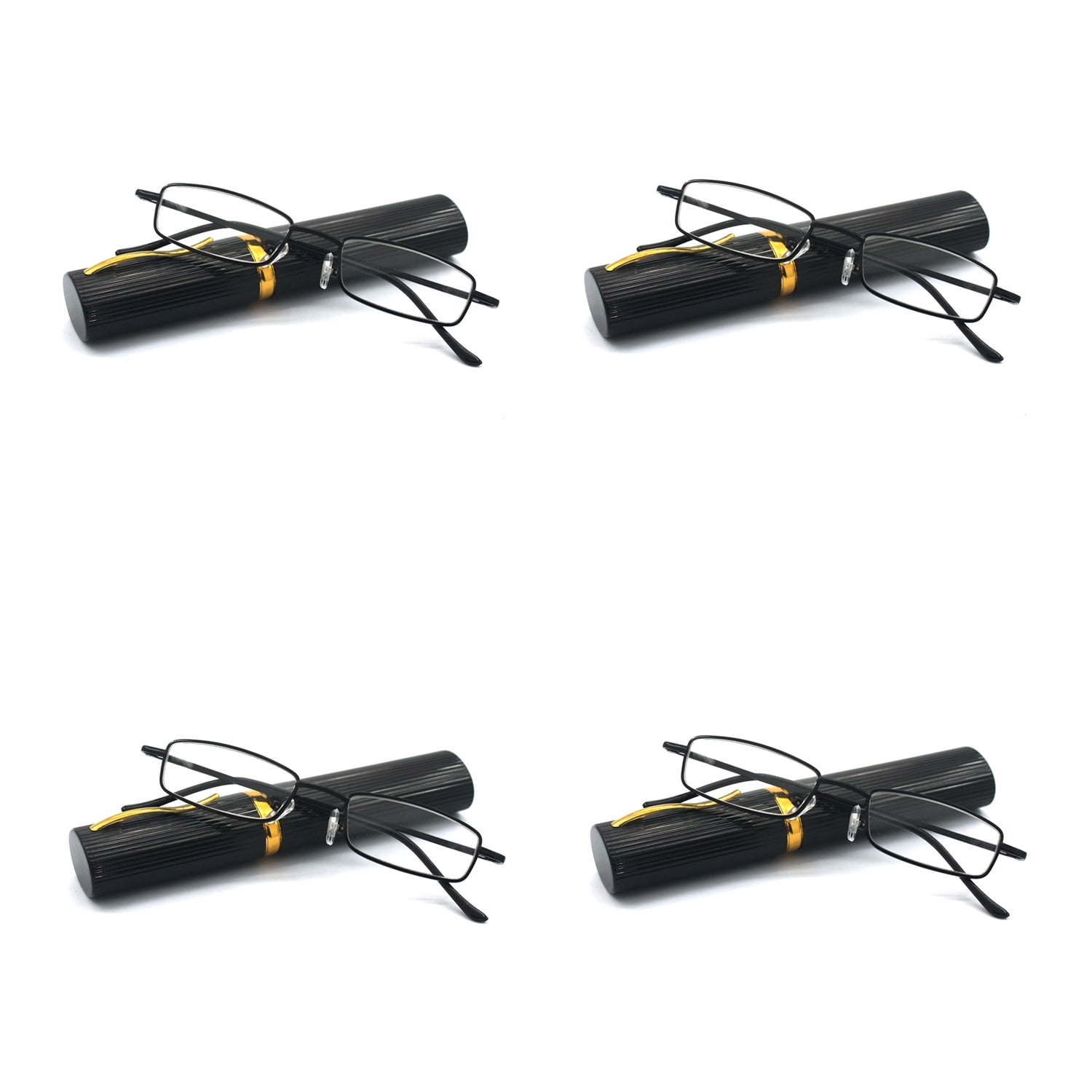 EYE ZOOM 4 Pack Compact Slim Metal Reading Glasses with Tube Case for Men Women, Black +1.00