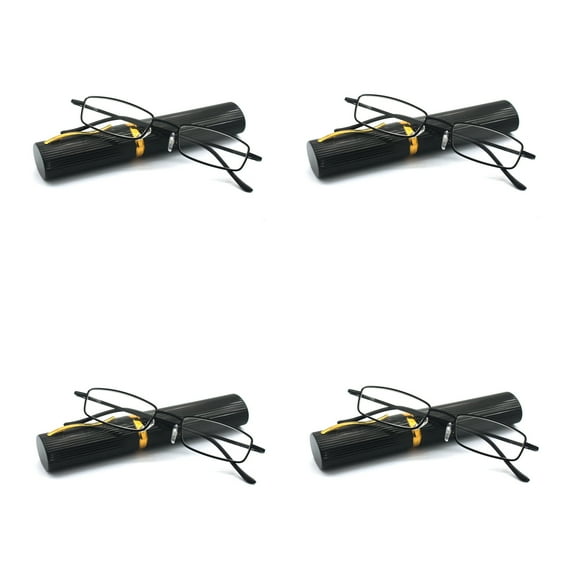 EYE ZOOM 4 Pack Compact Slim Metal Reading Glasses with Tube Case for Men Women, Black +2.00
