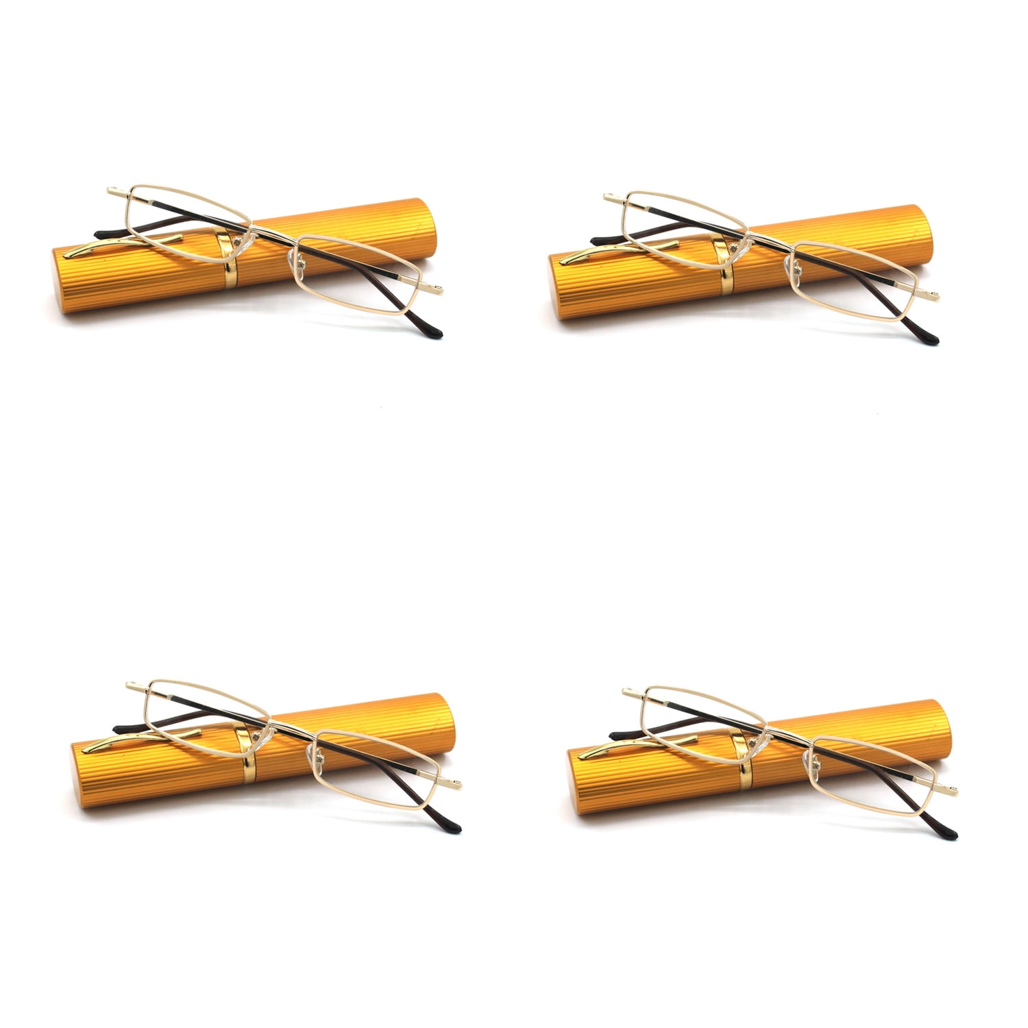 EYE ZOOM 4 Pack Compact Slim Metal Reading Glasses with Tube Case for Men Women, Gold +1.00