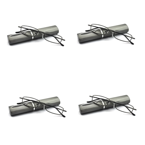 EYE ZOOM 4 Pack Compact Slim Metal Reading Glasses with Tube Case for Men Women, Gunmetal +2.00